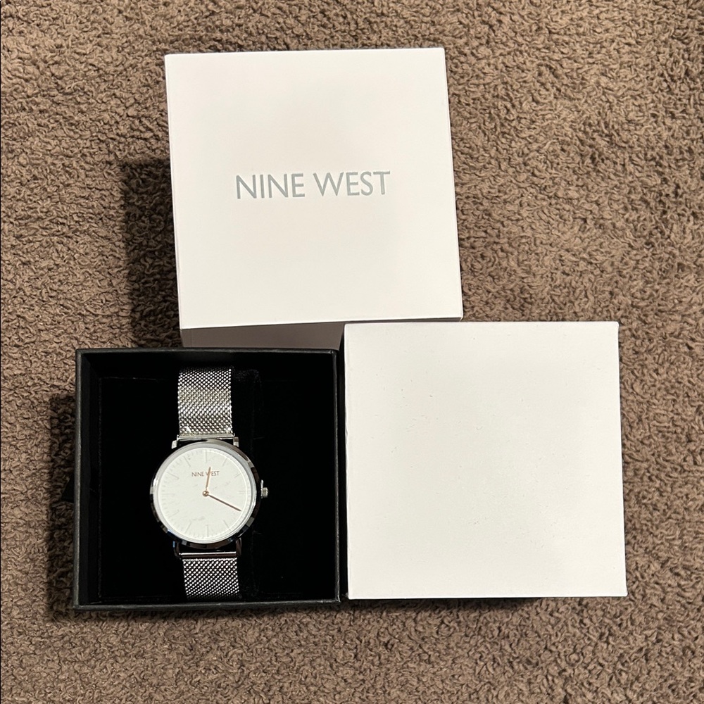 Nine West Silver Mesh Watch with White Face and Gold Hands NWT
